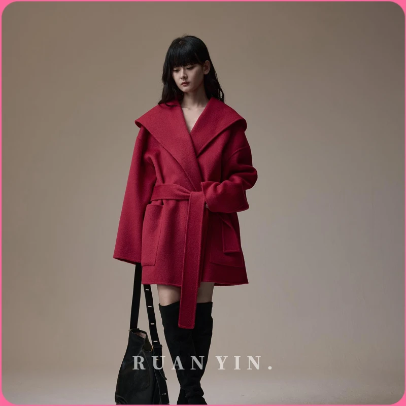 RUAN YIN2025新款慵懒浴袍风经典大翻领双面羊毛呢大衣中长外套