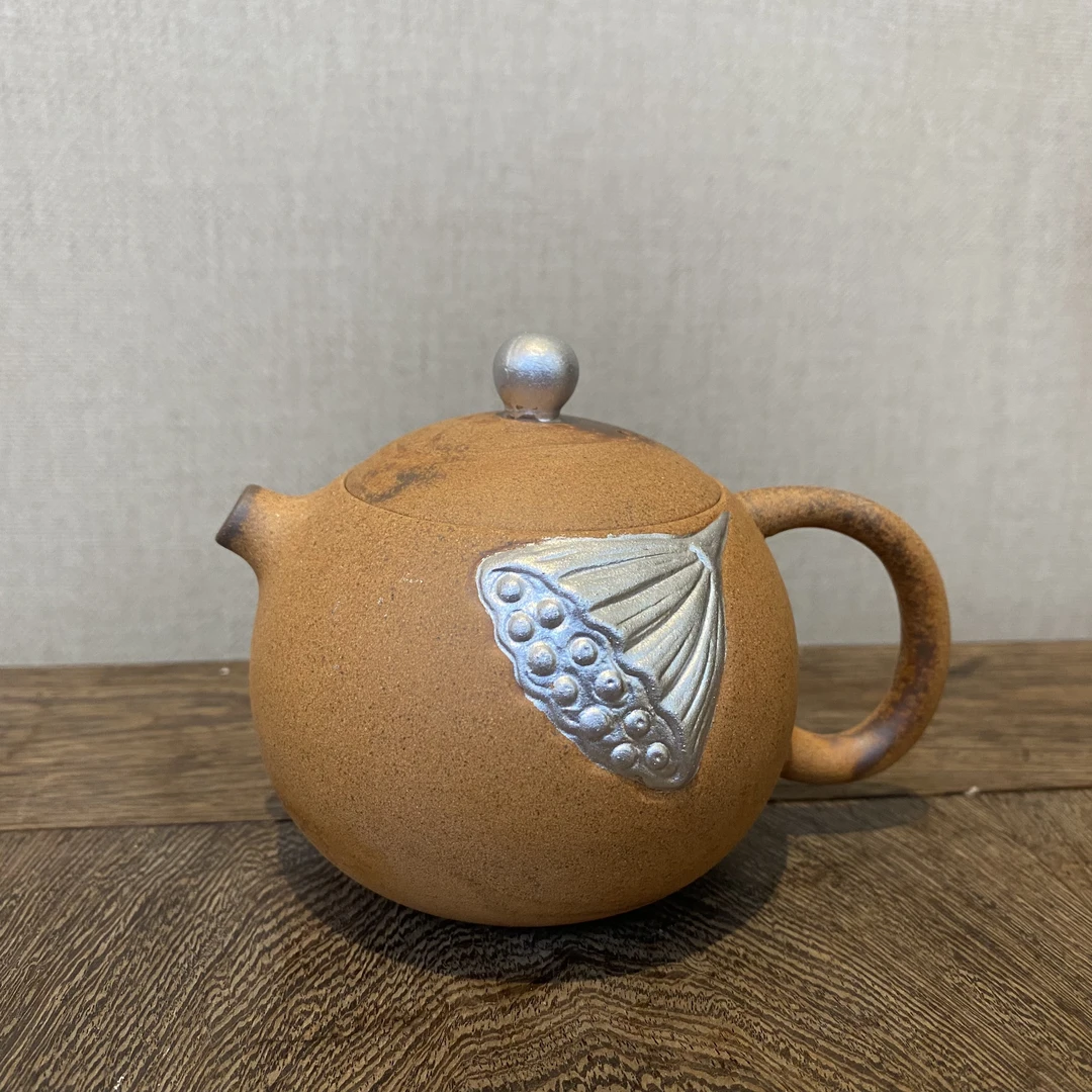 暖小瓷粗陶手绘描银莲蓬茶壶复古家用手把单壶老岩泥可养泡茶壶