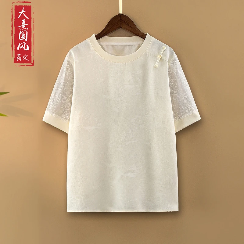 【简嫚】夏季2025新款上衣小衫女新中式国风圆领气质白色短袖T恤衫