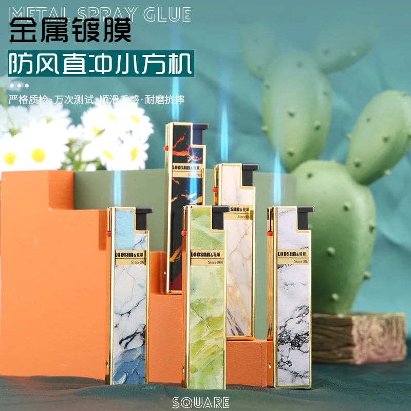 新款直冲蓝焰防风打火机镀膜金属壳个性按压可充气打火机防风直冲