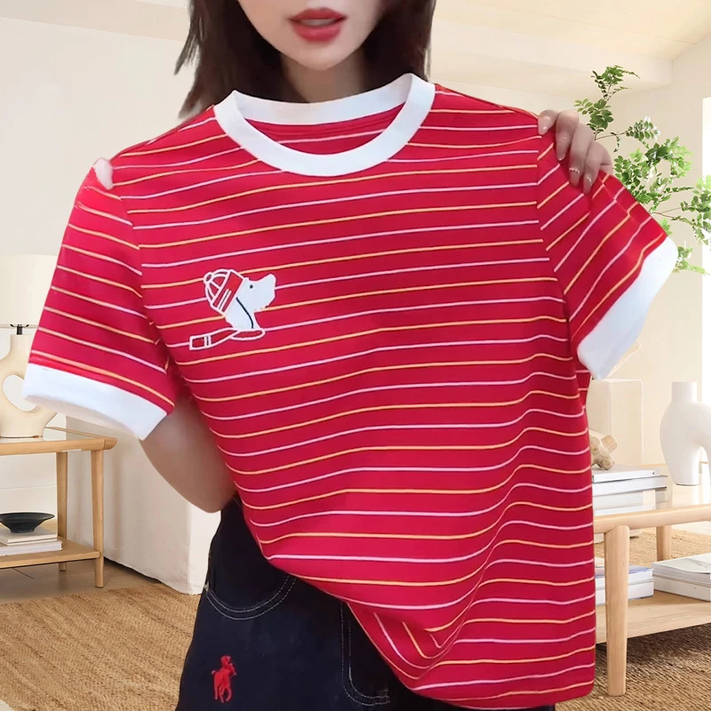 设计感红色条纹上衣短袖2025夏季新款小众女装韩版撞色拼接女t恤