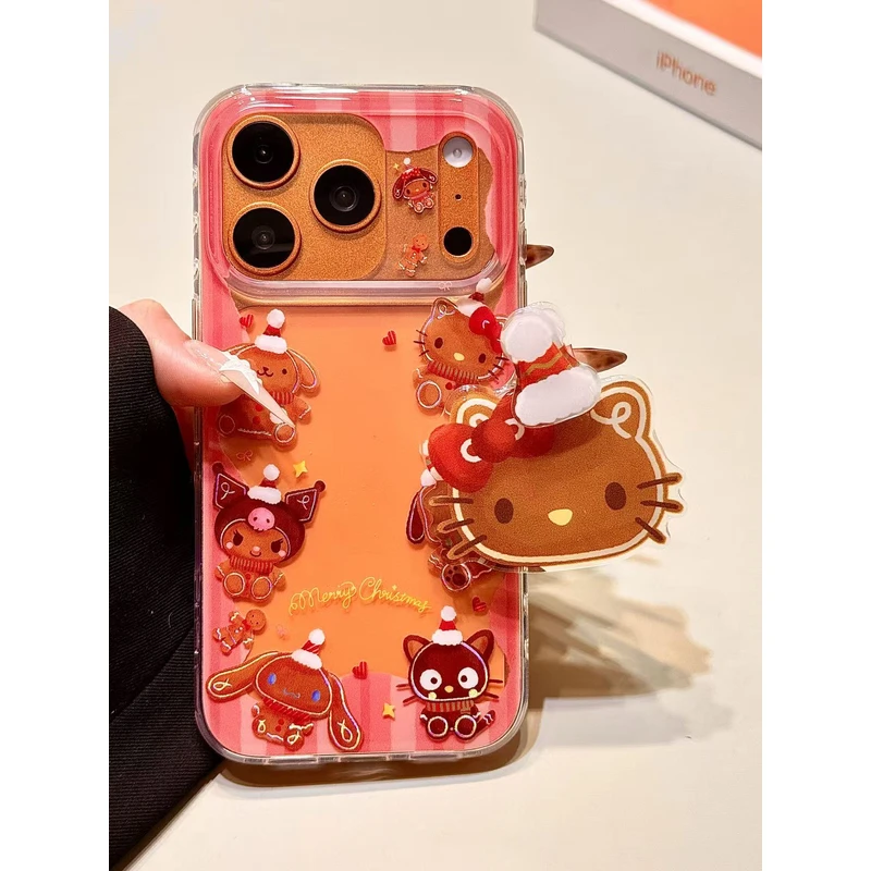 围边红条纹圣诞帽黑皮猫咪支架适用苹果17promax手机壳16iphone15