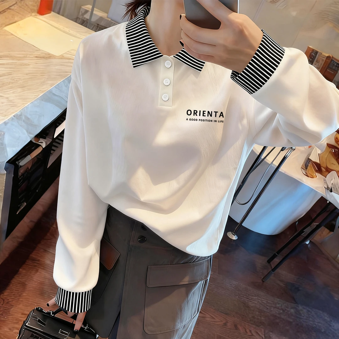 痞帅炸街风女装T恤春秋新款法式条纹POLO领上衣白色长袖打底衫