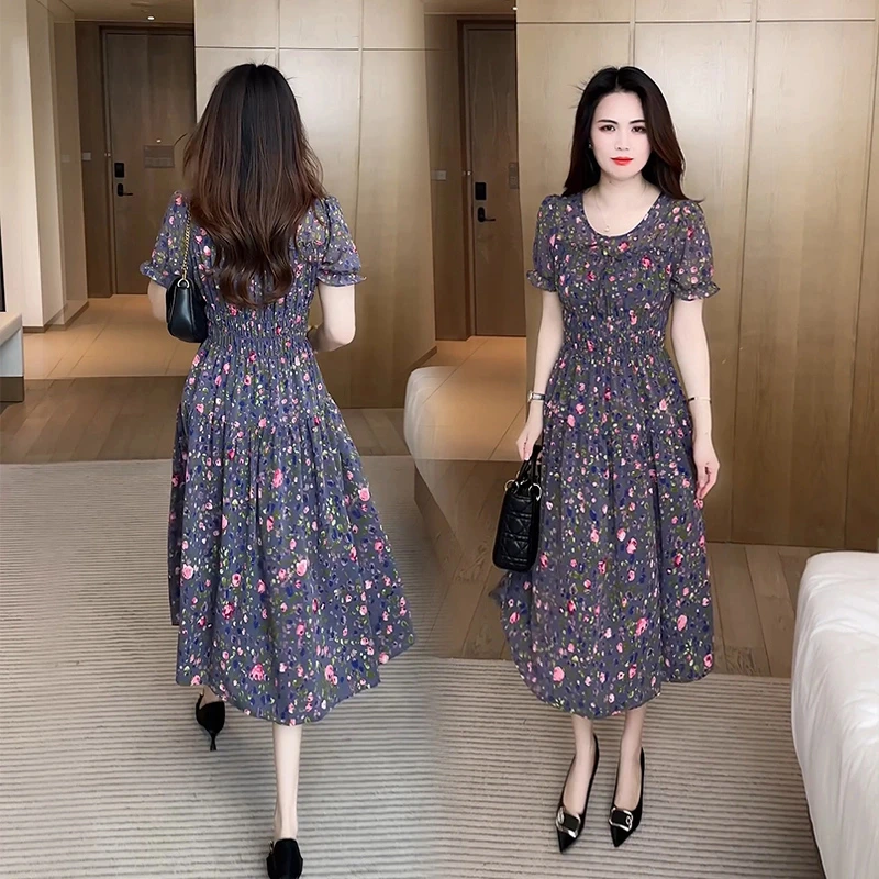 （运费补贴）气质减龄2025夏季新款短袖收腰连衣裙妈妈洋气显瘦碎