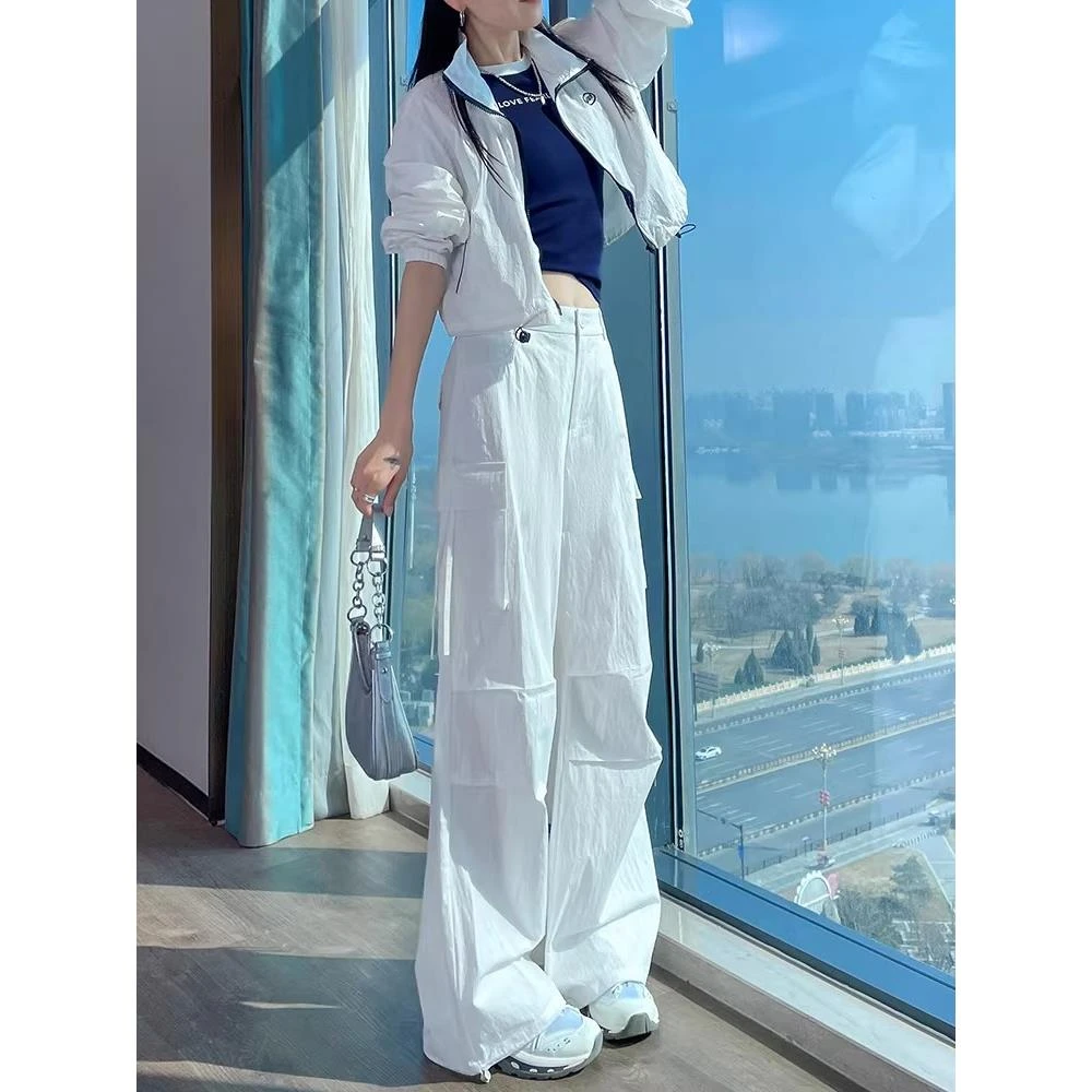 白色冰丝速干工装裤女夏季薄款2025新款超好看美式酷飒风运动裤子