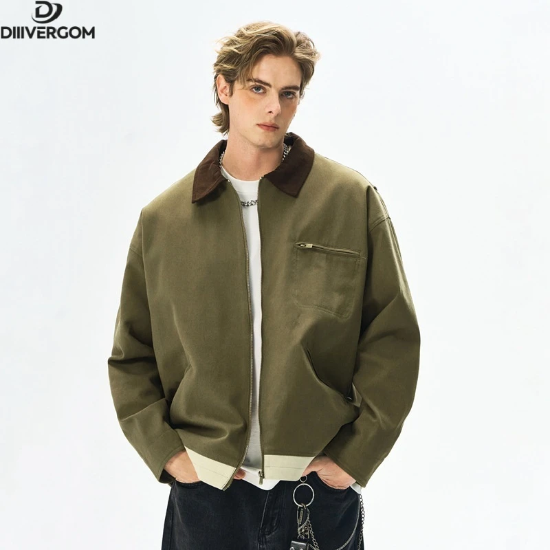 爆款男士撞色设计水洗翻领夹克秋季新款复古宽松通勤美式潮流外套