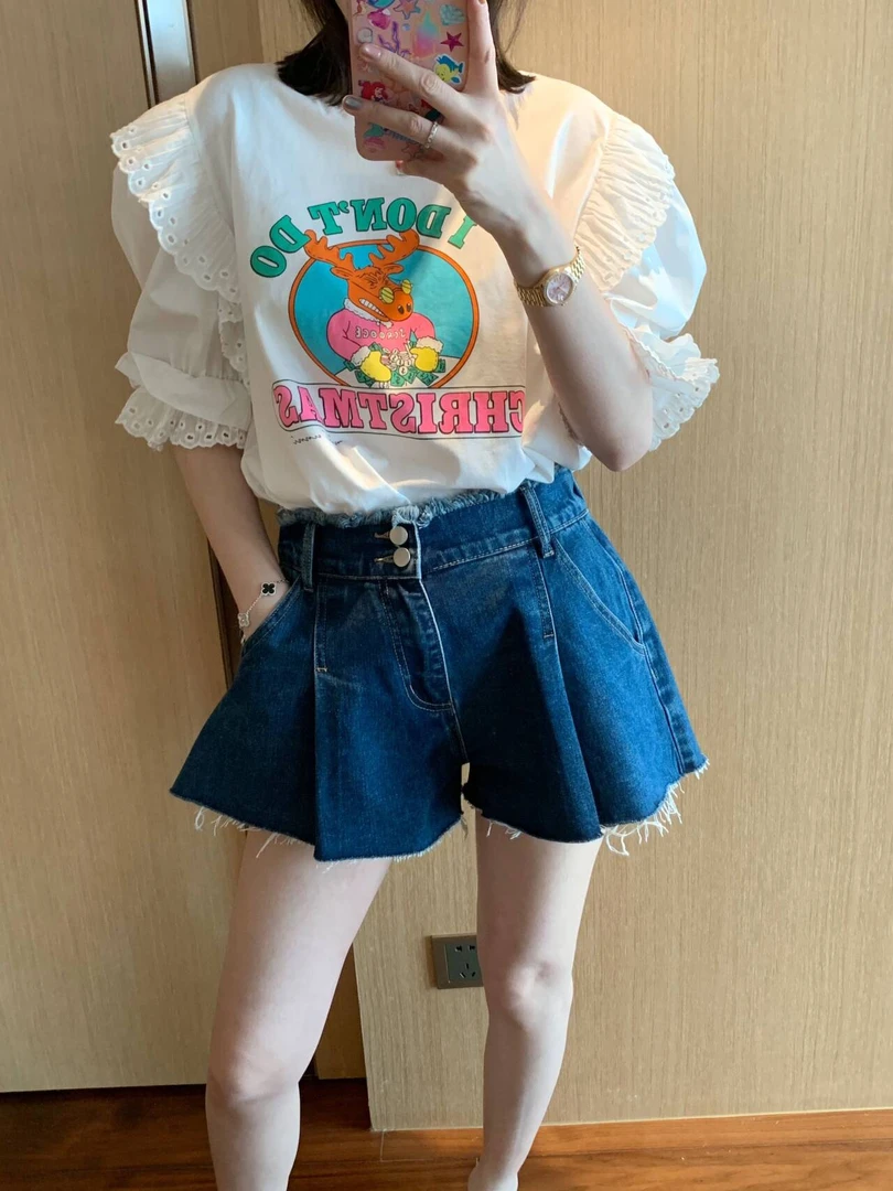 【张静芝】彩字母卡通拼花边泡泡袖T恤