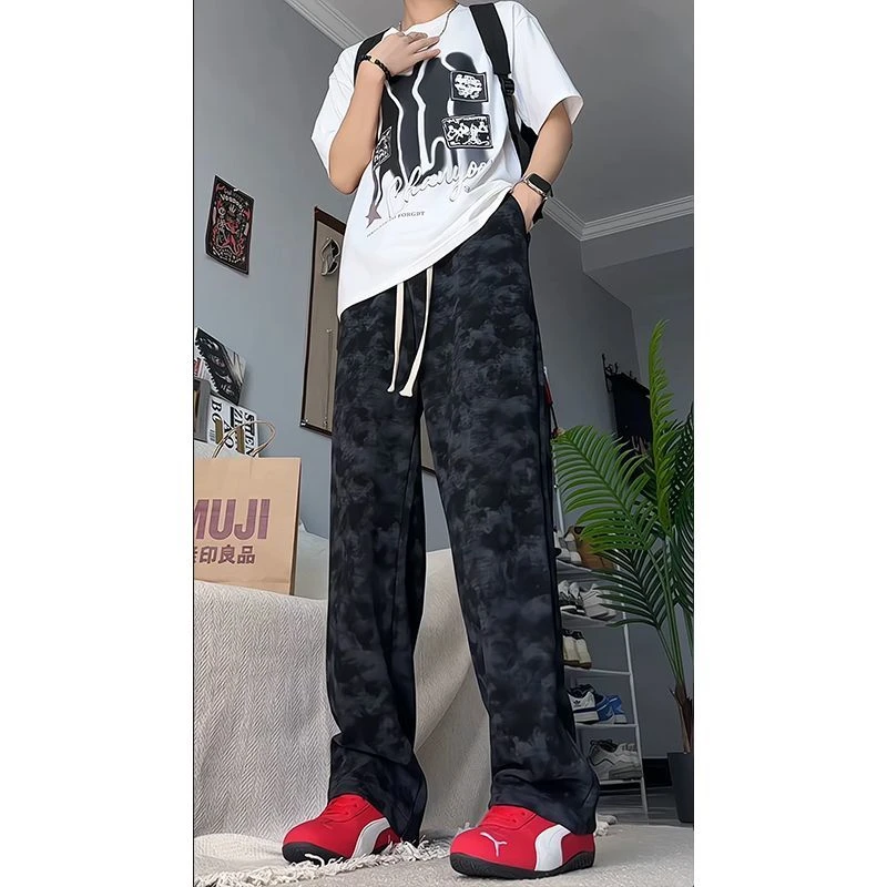 美式扎染弯刀裤子男款春秋季重磅宽松阔腿卫裤显瘦直筒休闲运动裤