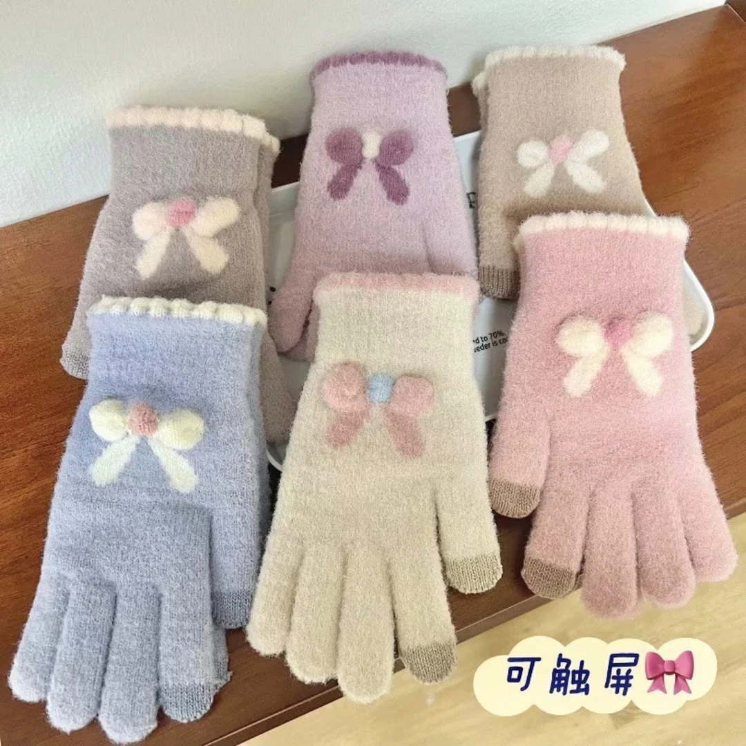 手套女可爱蝴蝶结可触屏保暖加绒加厚秋冬骑行针织手套学生防寒