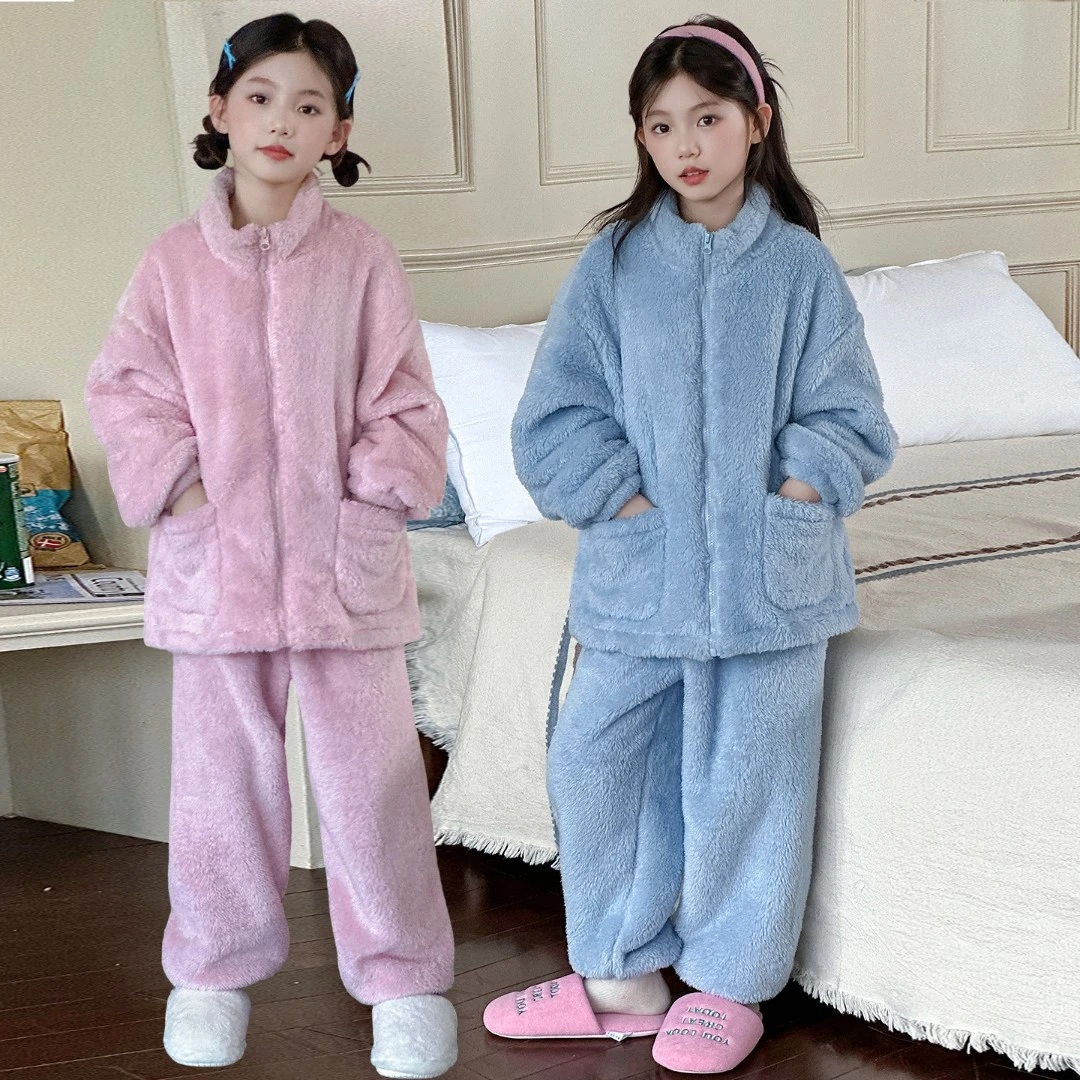女童家居服2025新款女大童法兰绒高端睡衣初中生加绒加厚套装冬季
