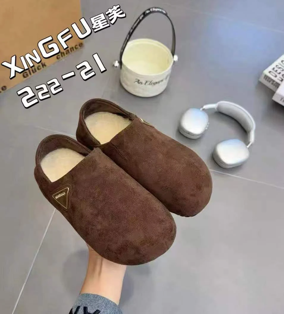 两穿厚底加绒勃肯鞋女2025秋冬新款复古风外穿平底休闲一脚蹬棉鞋