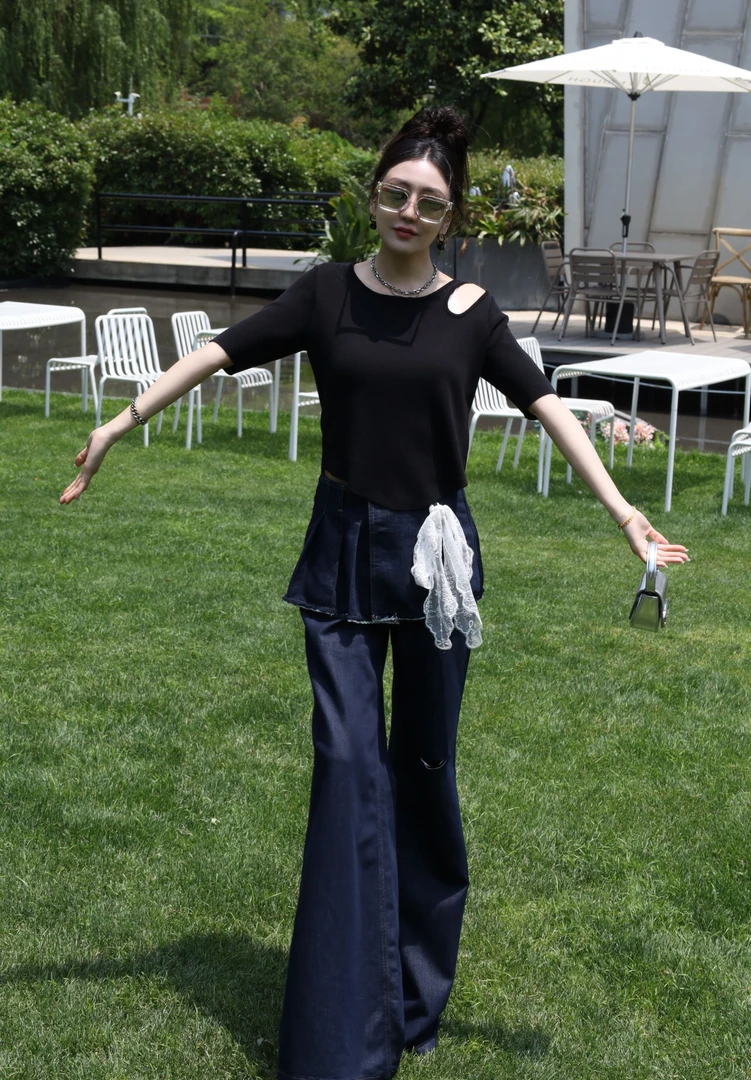 2025新款时尚不对称镂空手工花女士短袖上衣25832