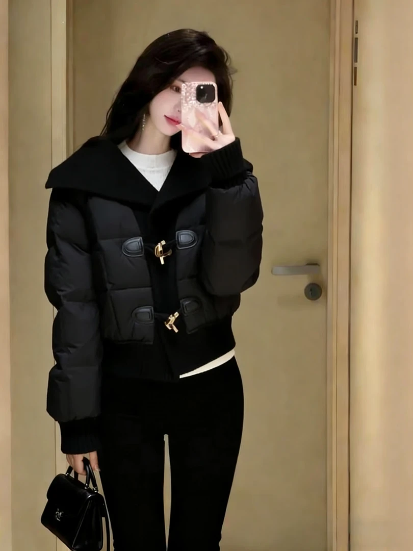 【现货】小香风冬季棉服女装2025新款小众独特翻领咖色夹棉显瘦外套