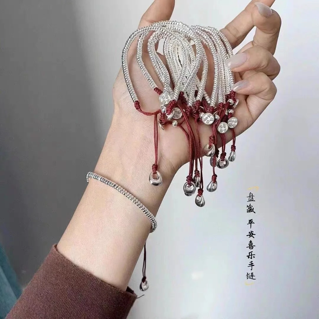 足银手链 亮面盘缠手串平安喜乐红绳推拉手链国风新中式时尚百搭