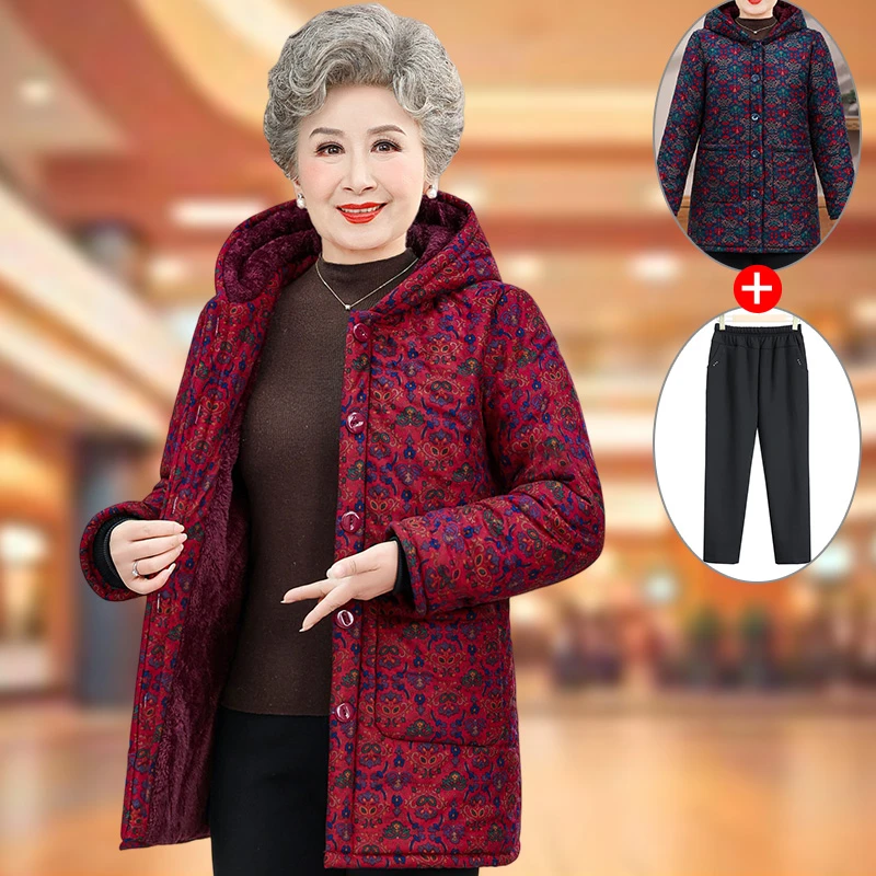 奶奶装连帽棉衣中老年人冬装女棉袄妈妈加厚棉服中长款老太太保暖