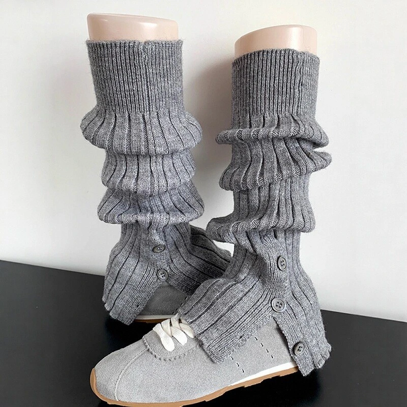 秋冬保暖针织灰色袜套女袜防寒脚套纽扣开叉堆堆袜套中筒毛线腿套