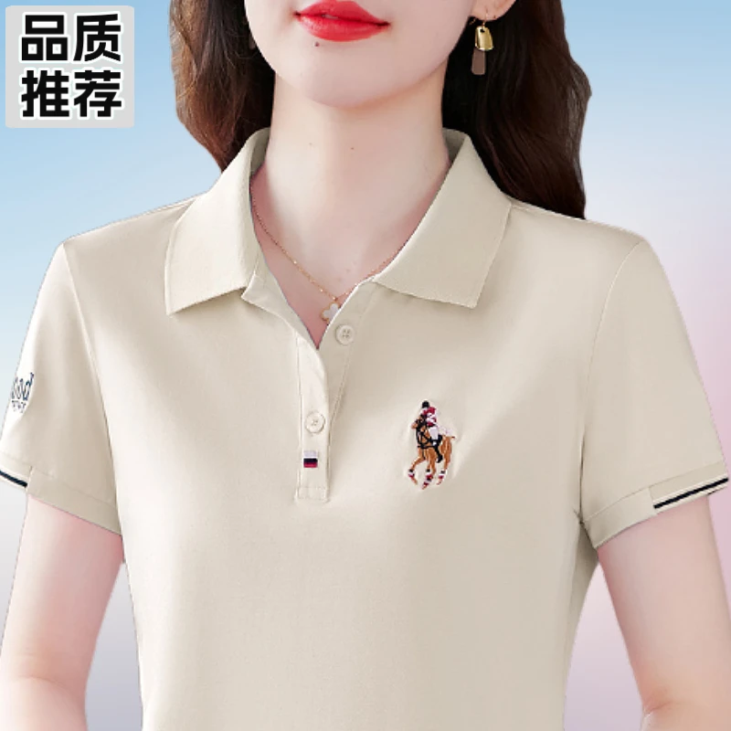 洋气妈妈短袖t恤女夏季百搭宽松翻领休闲中老年运动polo衫时髦OL
