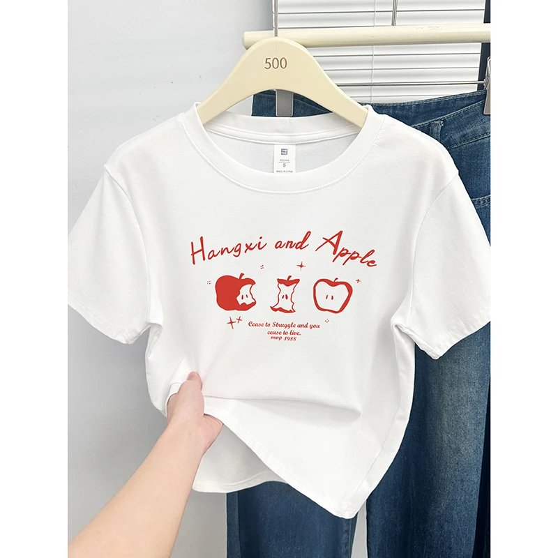 正肩夏天圆领短袖T恤女2025新款今年流行时尚休闲半袖印花上衣服