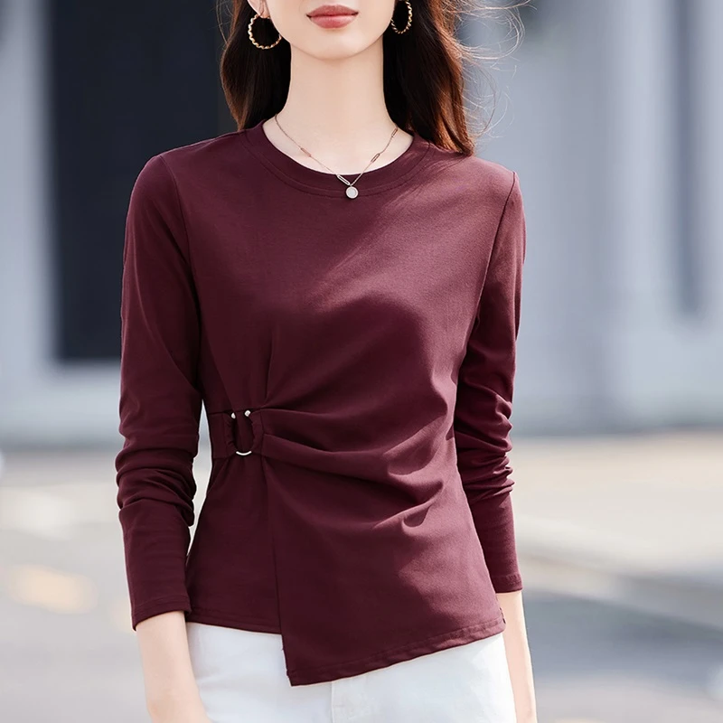 不规则褶皱收腰t恤2025秋季新款打底衫宽松洋气长袖上衣N30453