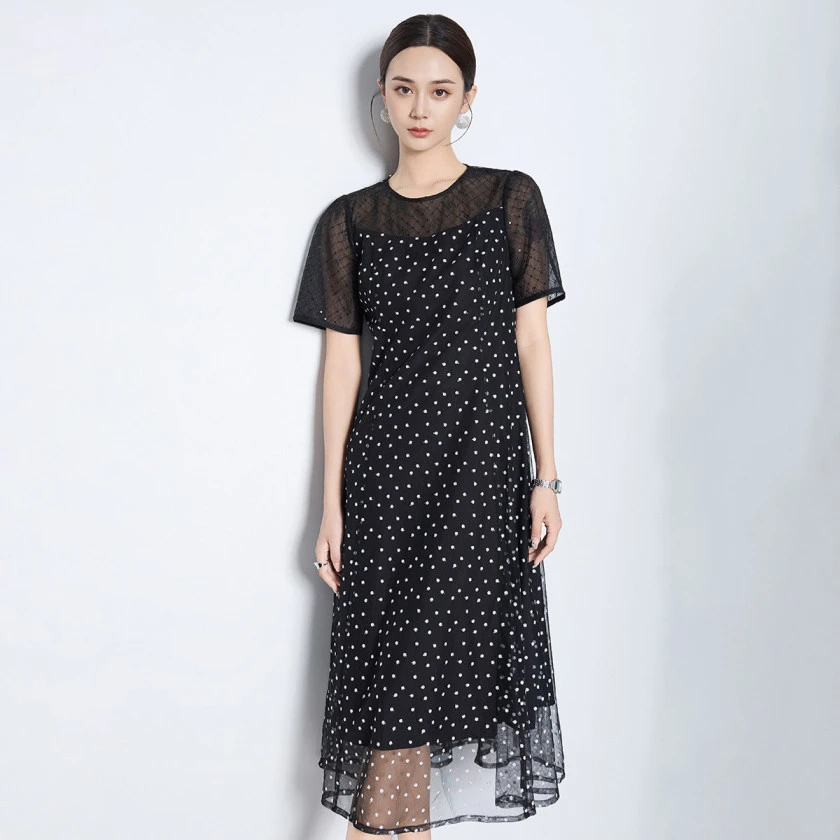 【小熊专属】法式收腰网纱设计圆领轻奢洋气女式连衣裙VHSB14DRX0