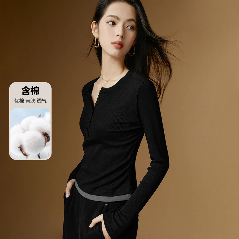 晚白【新品】秋棉质上衣衫女24071901