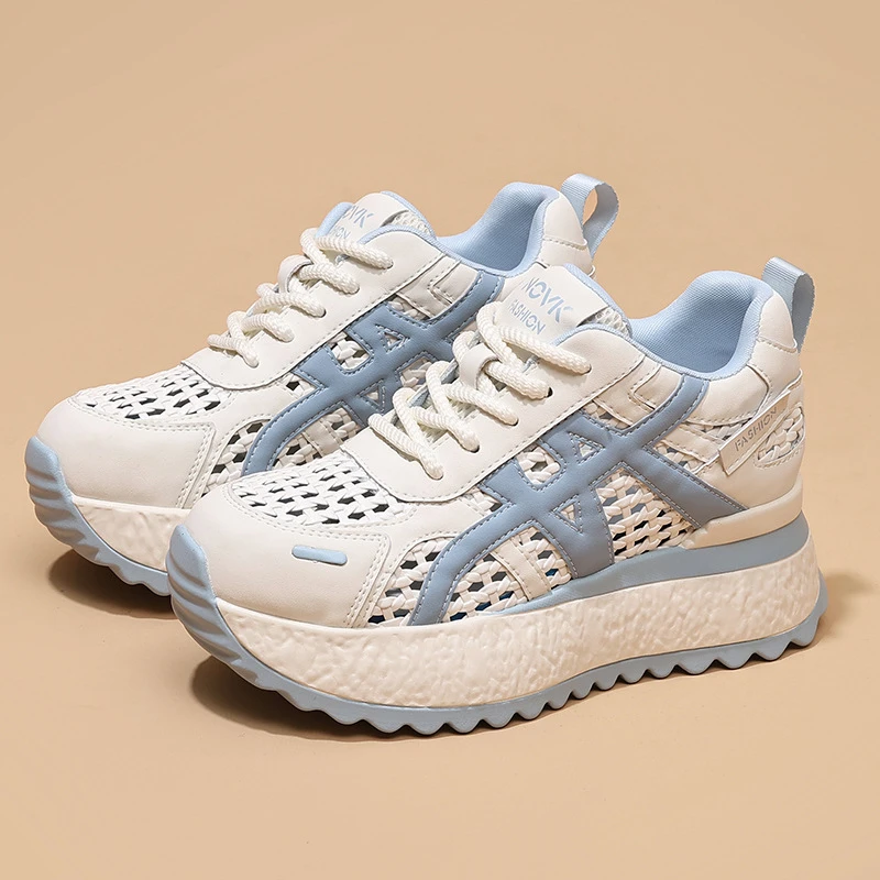 【增高7CM】休闲运动鞋女2025夏新款网面透气单鞋小个子真皮厚底