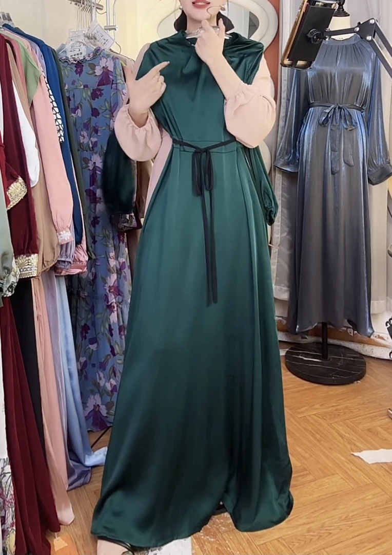 高端气质时尚长袖缎面连衣裙轻奢显瘦复古长裙 【733# - 绿色】