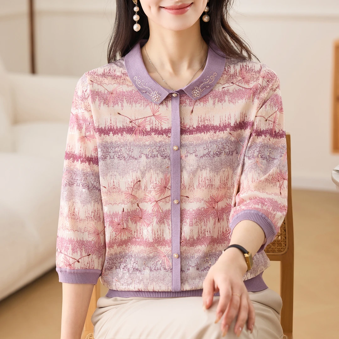 2025新款冰丝半袖带领小衫中老年女装阔太太洋气高贵上衣妈妈春装