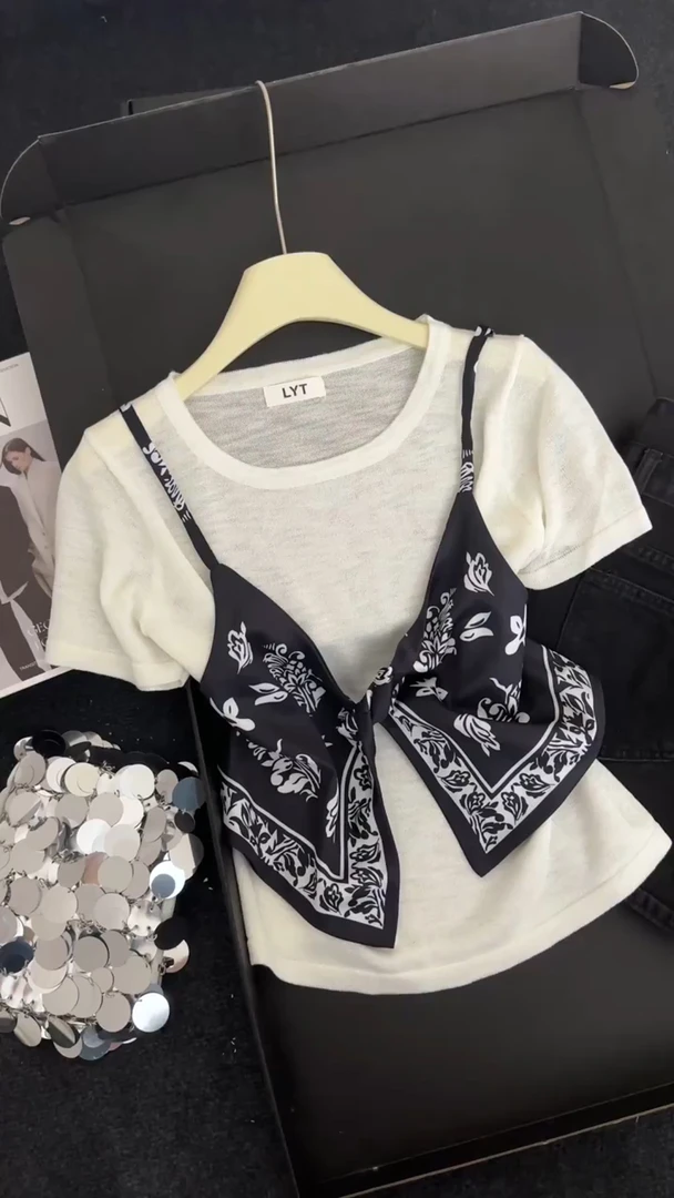 老钱风印花宽松型假两件设计感T恤背心甜辣轻熟风高级感圆领上衣