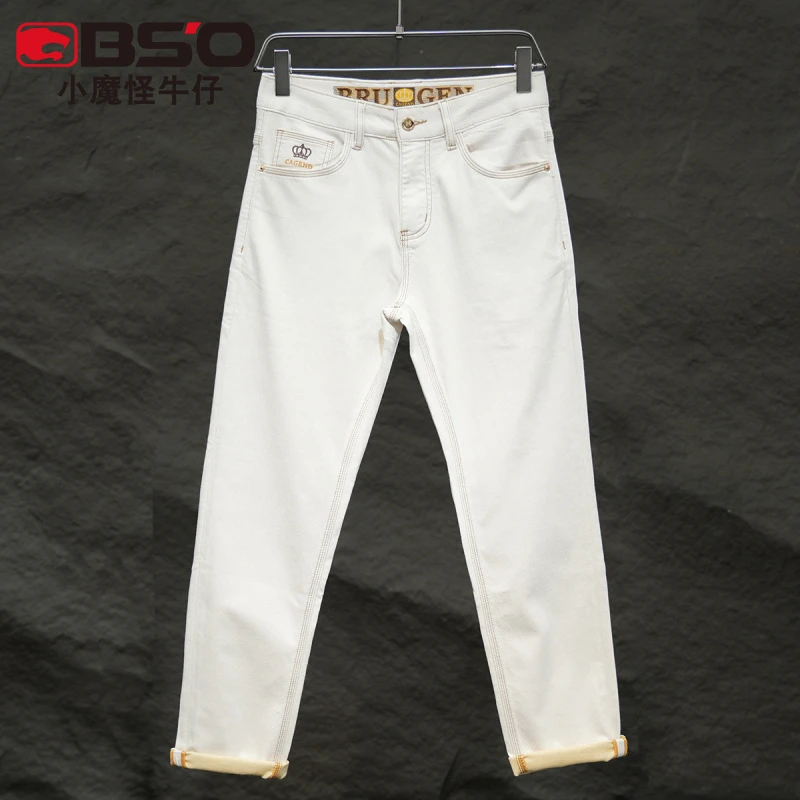 小魔怪秋季白金色九分刺绣牛仔裤男修身小直筒弹力百搭长裤子男装