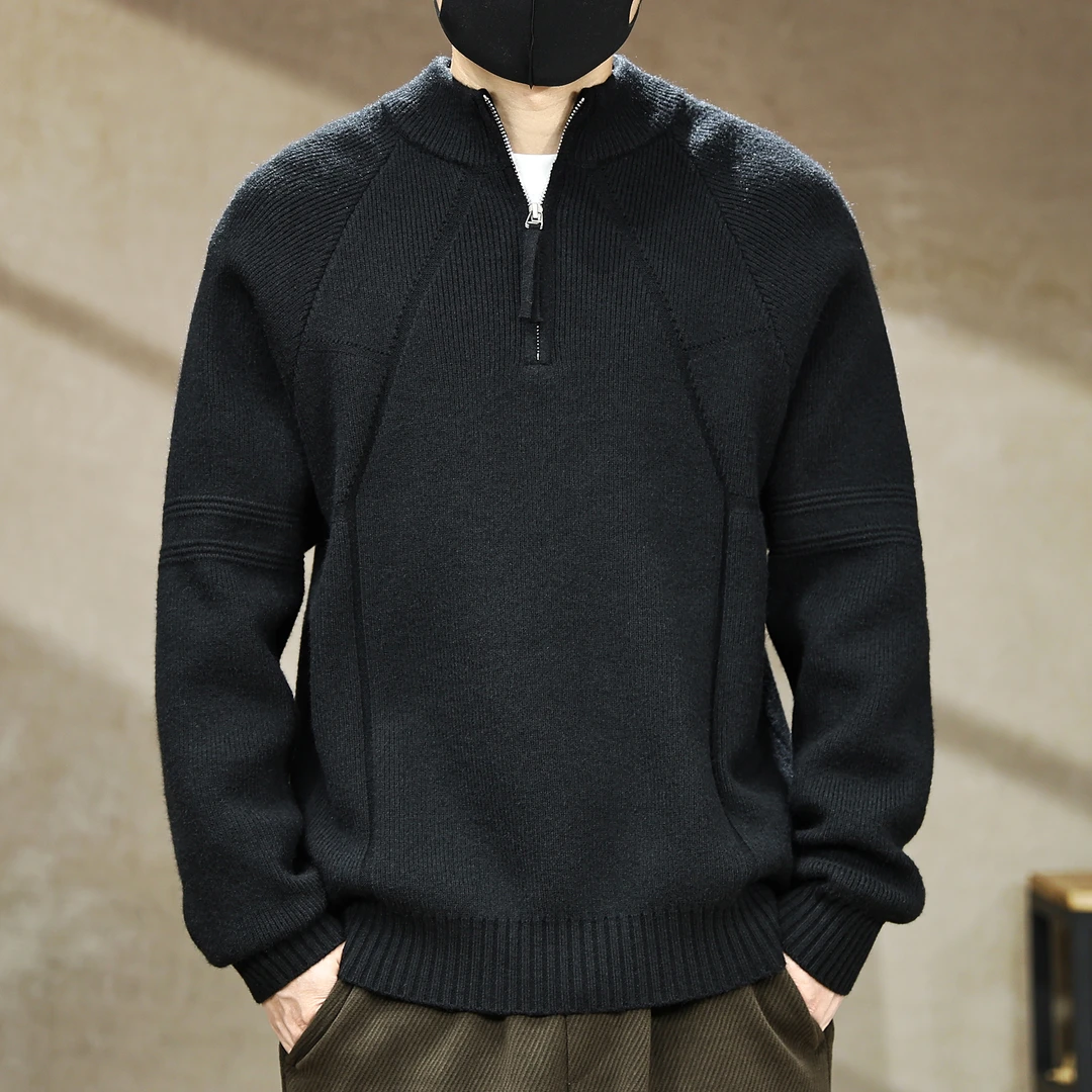 半高领拉链毛衣男秋冬新款宽松套头纯色上衣打底针织衫毛线衣外套