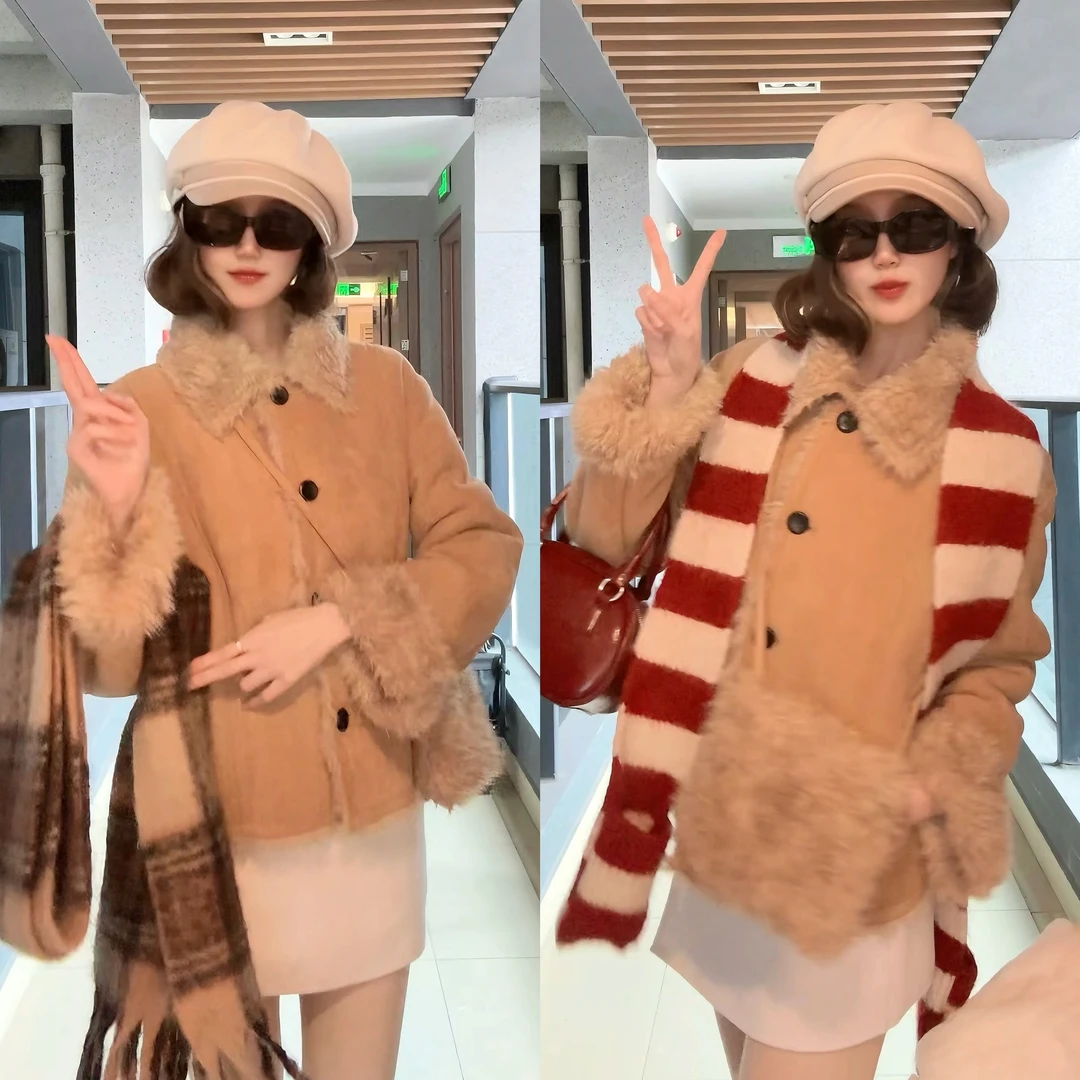 韩代爆款 2024冬季新款毛绒绒外套短款翻领外套 送毛毛包~
