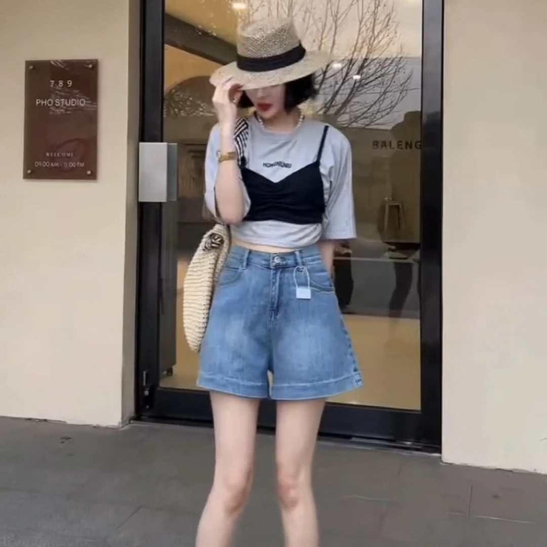 8029款A字高腰夏季时尚牛仔短裤显瘦