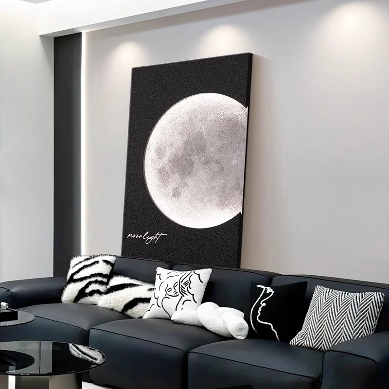 黑白简约月球客厅砂岩装饰画沙发背景墙挂画月亮西墙玄关砂岩挂画