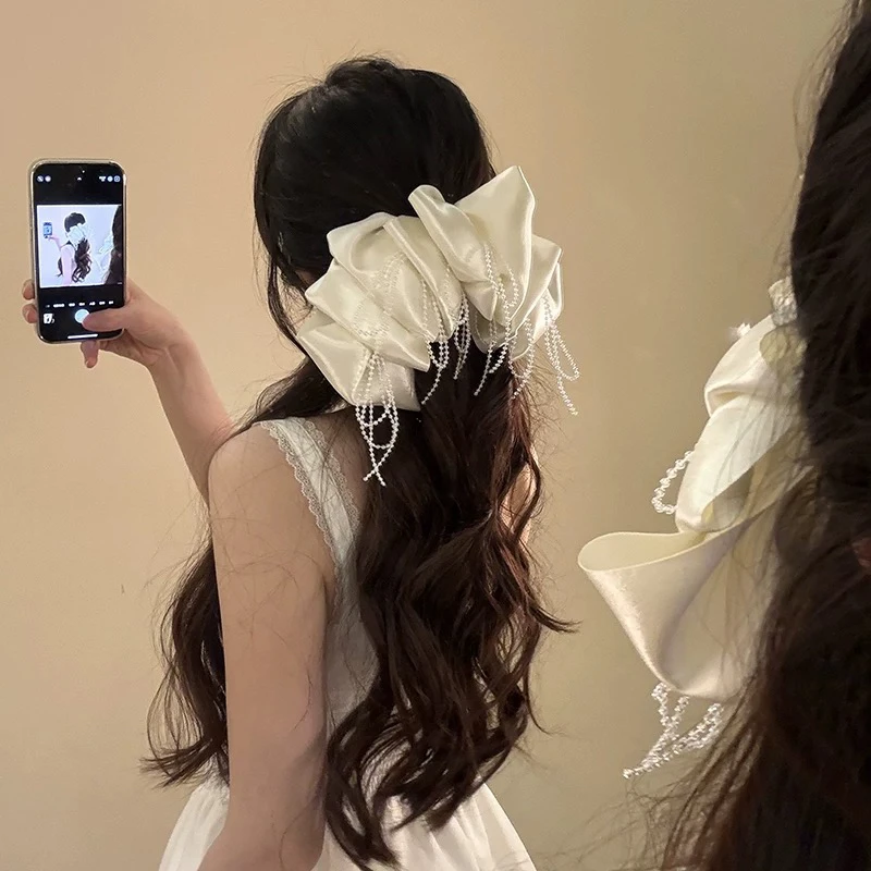 香丝挽柔~高级感珍珠流苏大蝴蝶结弹簧夹发夹后脑勺顶夹气质头花