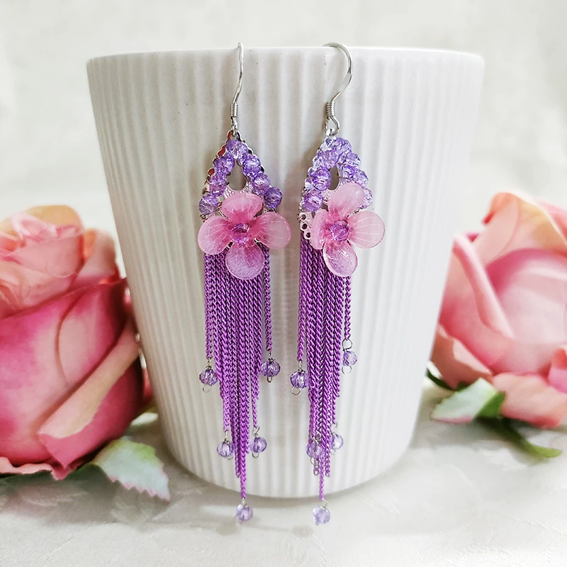 铜合金耳饰 民族风手工气质花瓣长流苏耳环1231