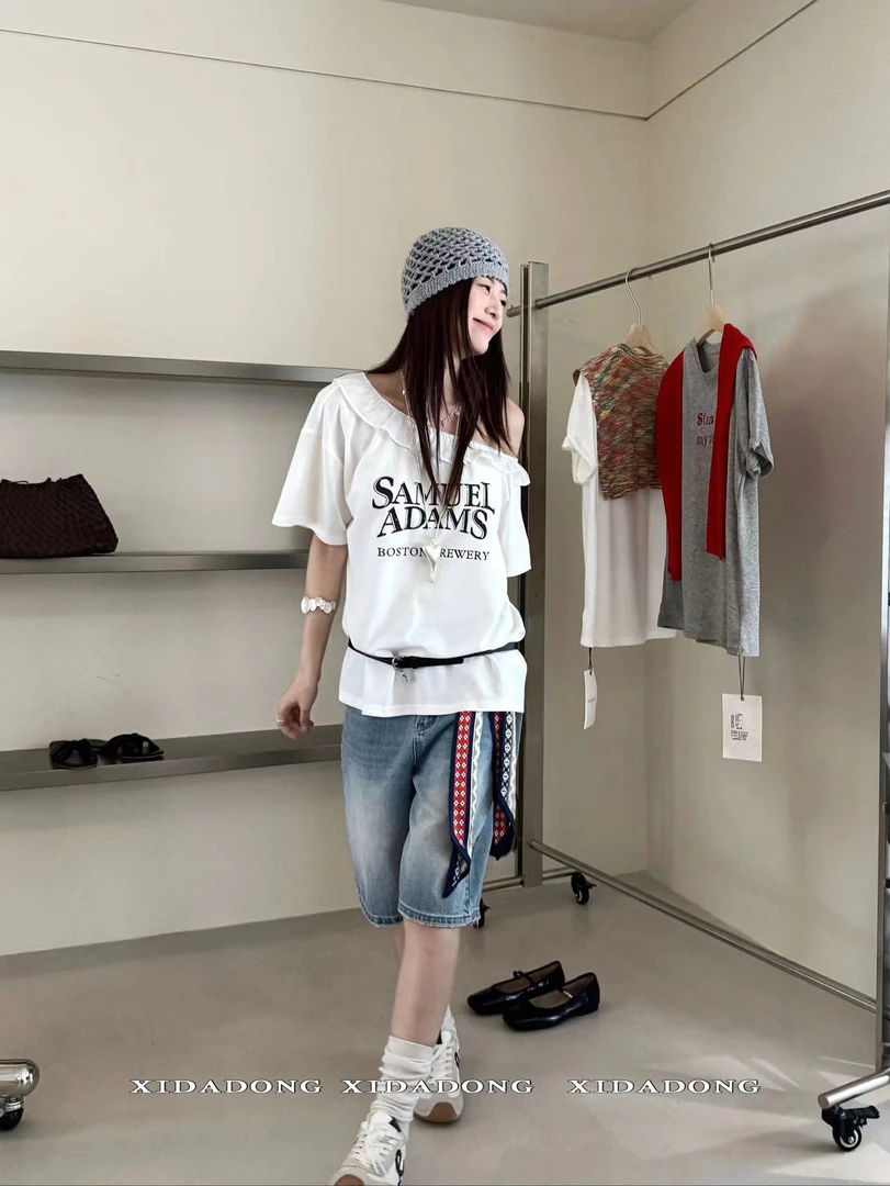 福秒-斜肩的！字母花边斜肩T恤（XD9276#）喜大东