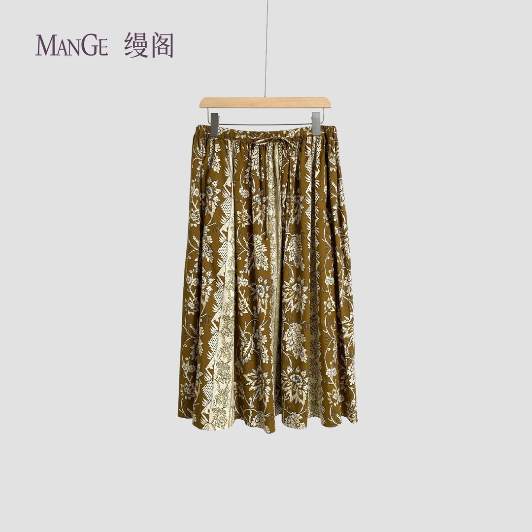 MANGE缦阁 100%棉 优雅复古风 印花松紧腰抽绳半裙