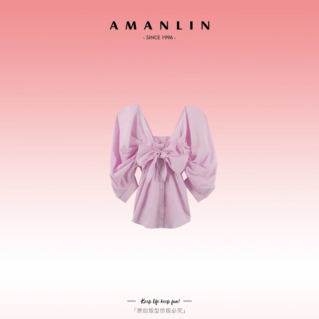 AMANLIN/阿谩琳欧若风高级百搭纯色蝴蝶结泡泡袖气质上衣F595857