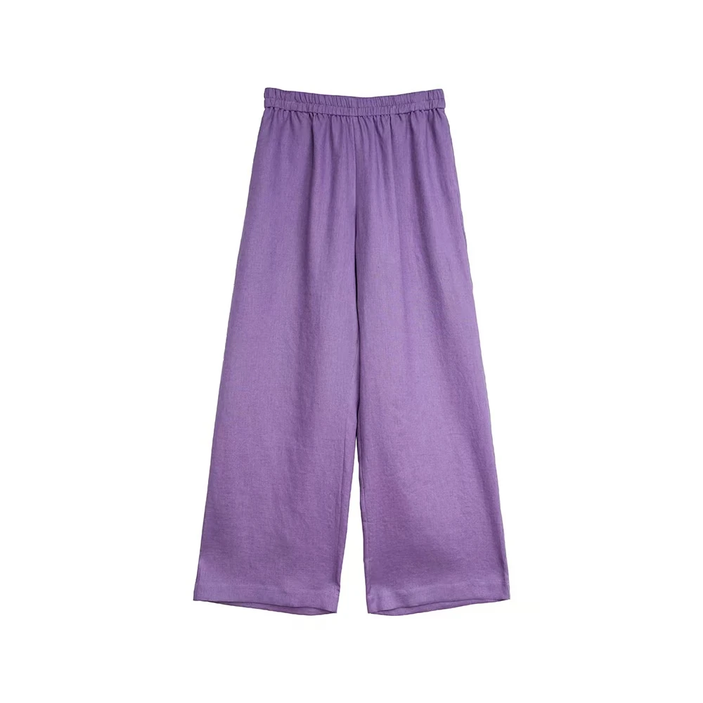 大码胖mm纯亚麻洗水百搭纯色显瘦松紧腰阔腿裤亚麻裤子8988