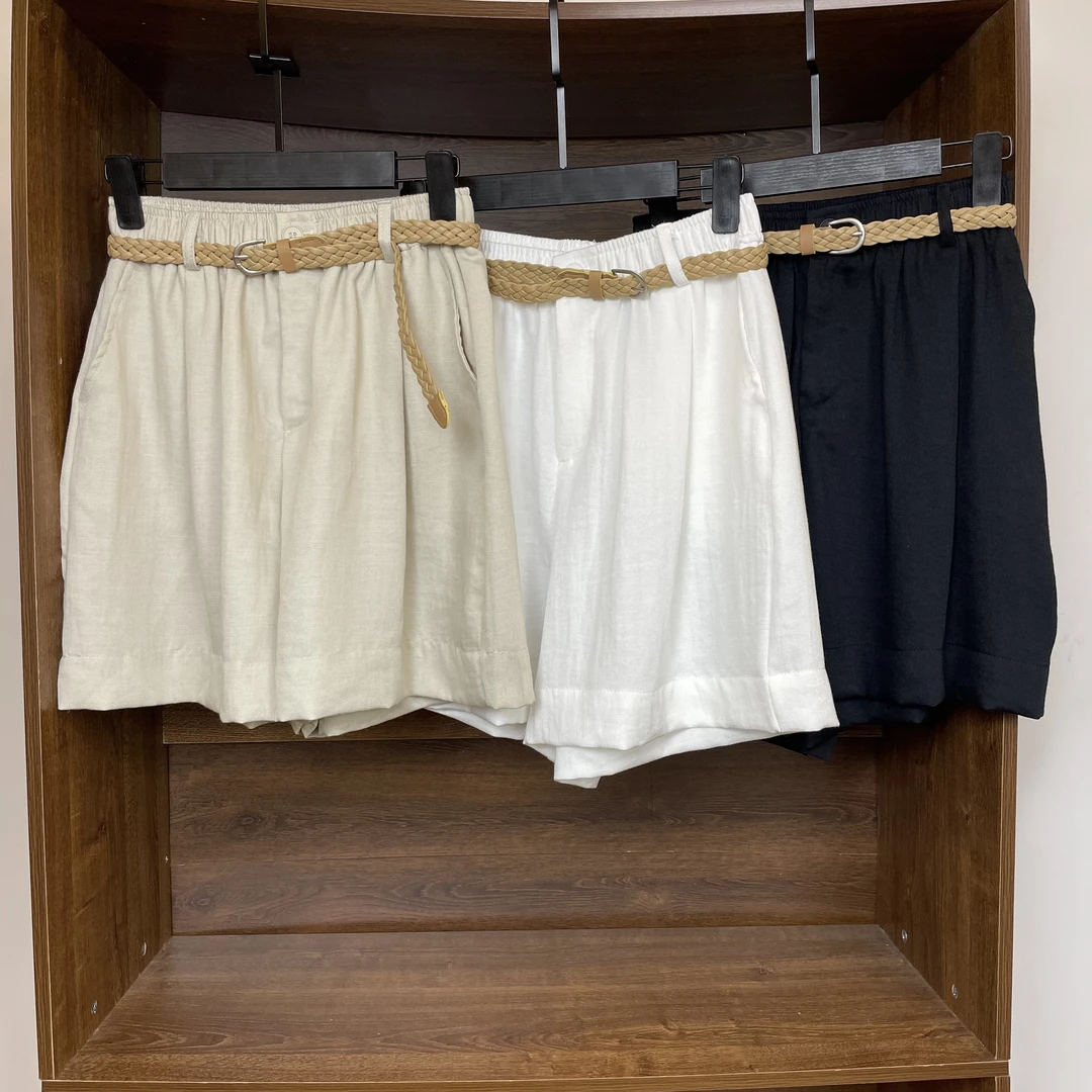棉麻高腰腰带短裤