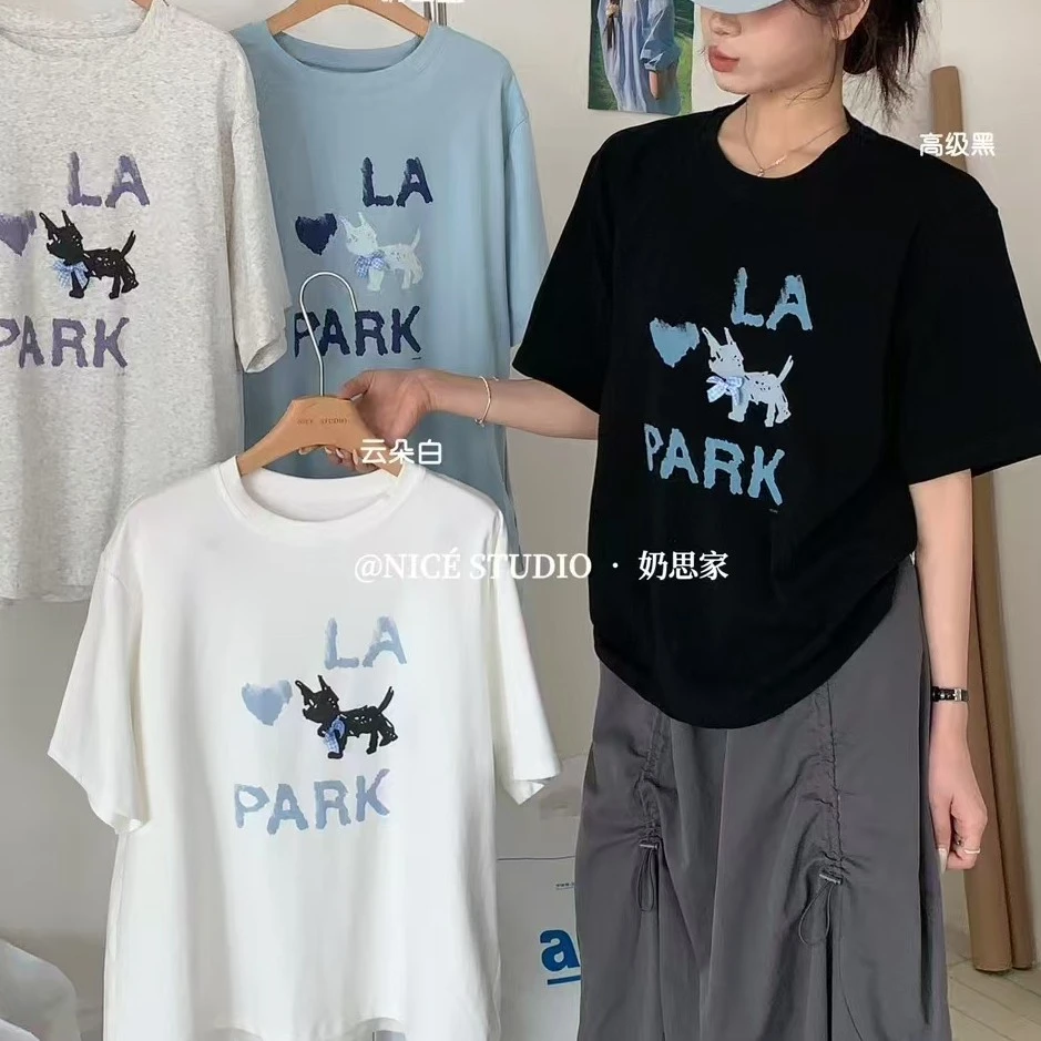 Meiky饼 时尚新款 字母小猫咪图案休闲宽松T恤 3色