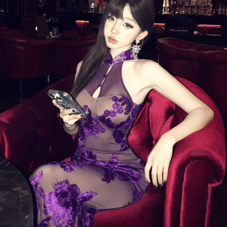 SYJ/舒衣家 微胖mm新中式国风紫色挂脖连衣裙女收腰显瘦气质长裙