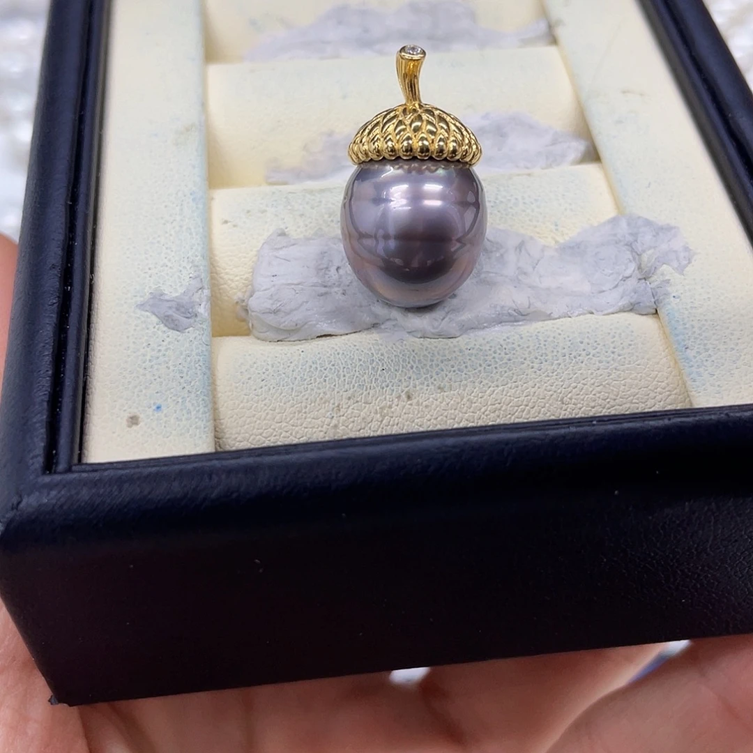 海水珍珠银S925镶嵌吊坠(不含链)大溪地紫色螺纹吊坠13-14mm