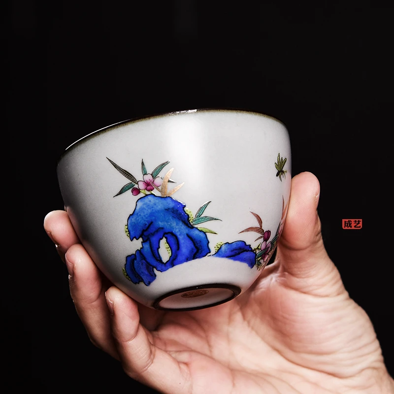 东进春水晨风主人杯个人杯开片可养陶瓷茶杯茶具大号单杯描金茶杯