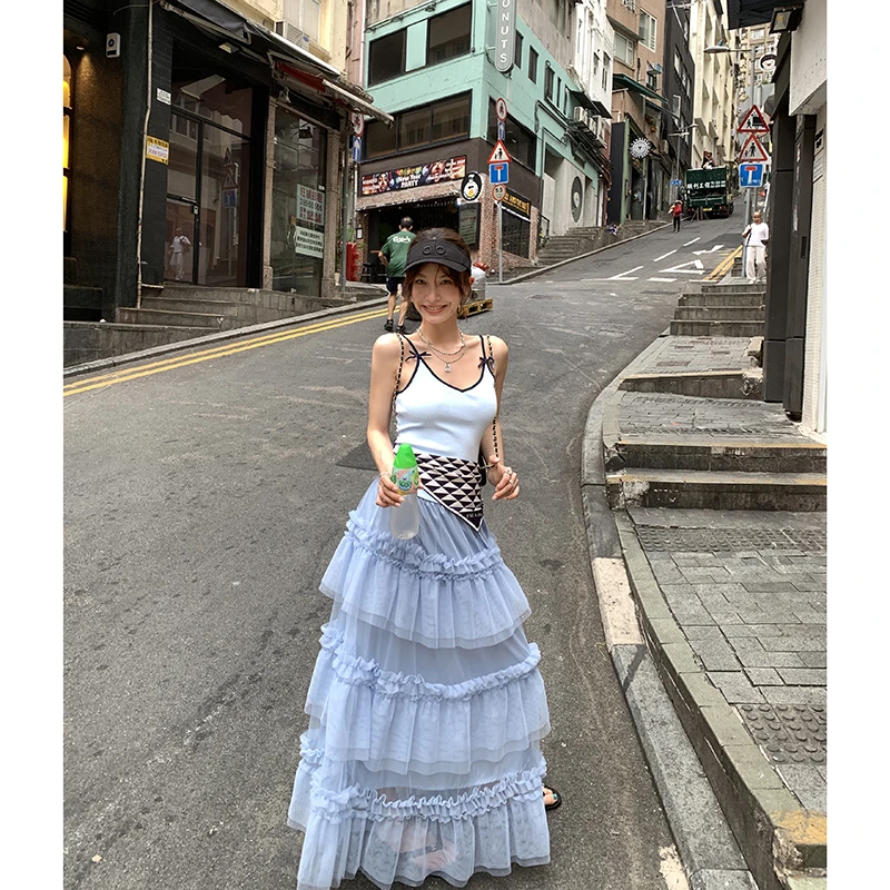 【冰雪奇缘】度假风蓝色网纱裙半身裙蓬蓬蛋糕长裙4154