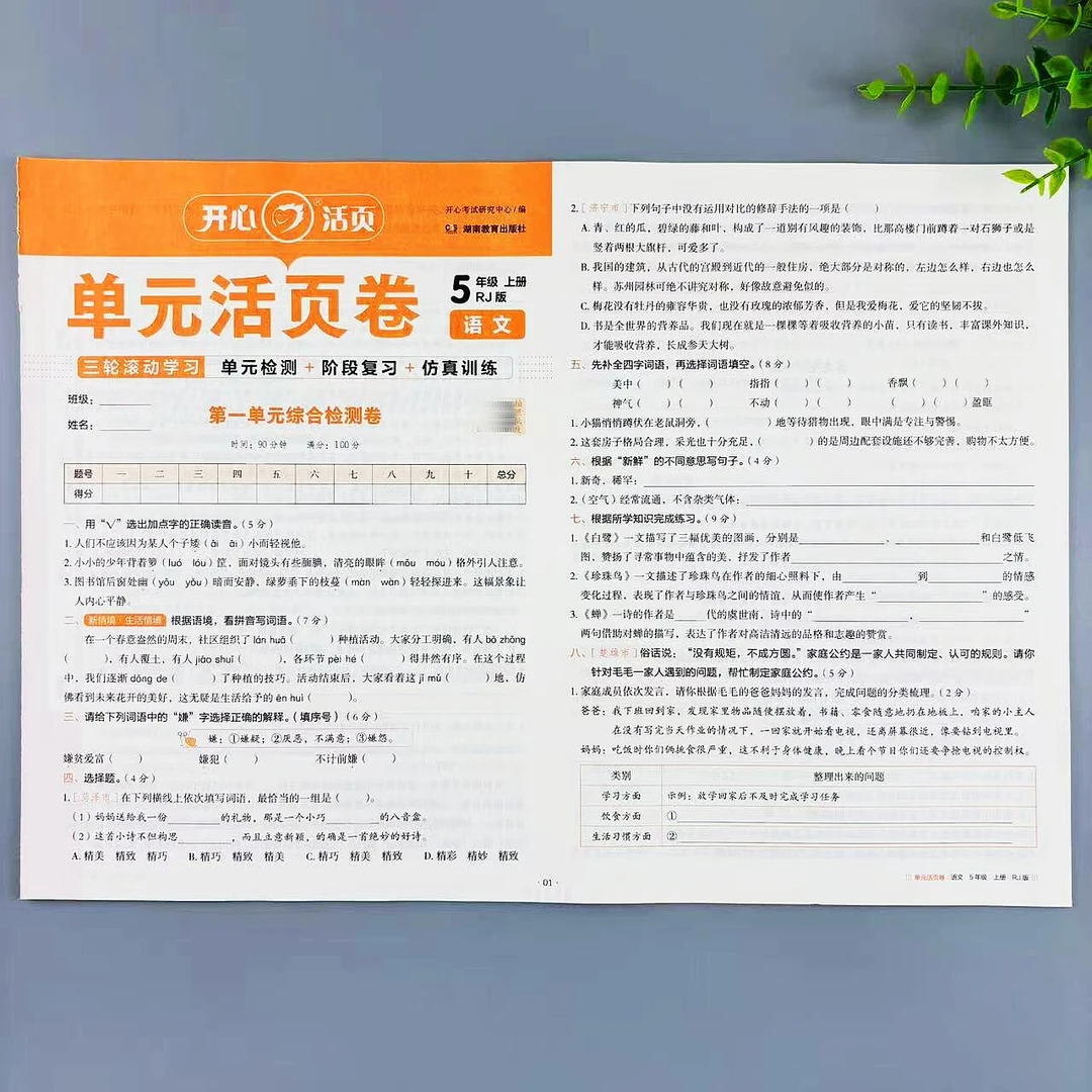 五年级上册语文单元活页卷人教版同步试卷练习单元期中期末测试卷