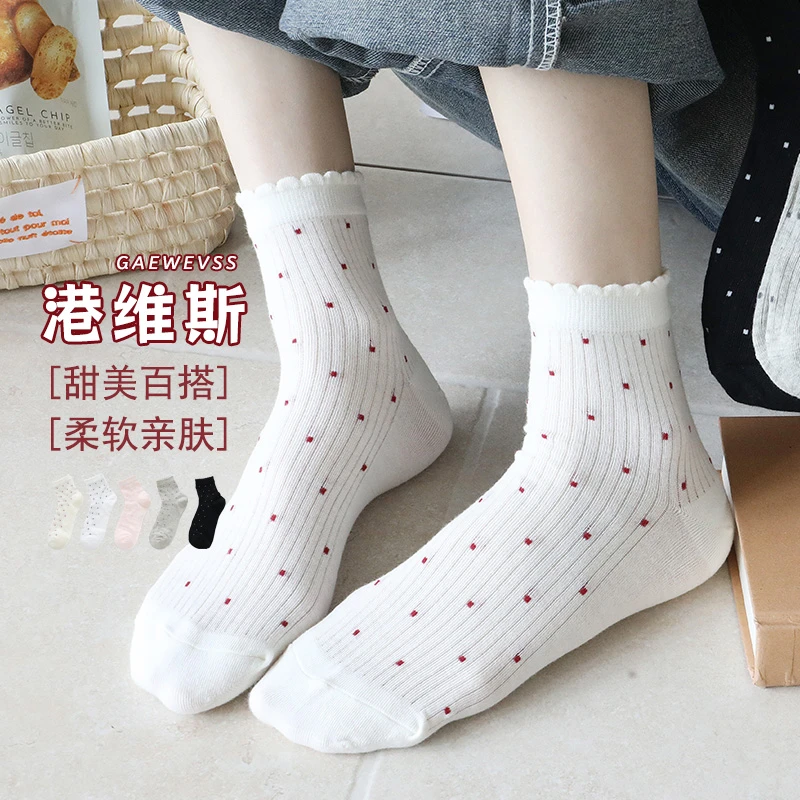 港维斯春夏季花边韩式风袜口波点薄袜韩版甜美奶油色系短筒浅口袜