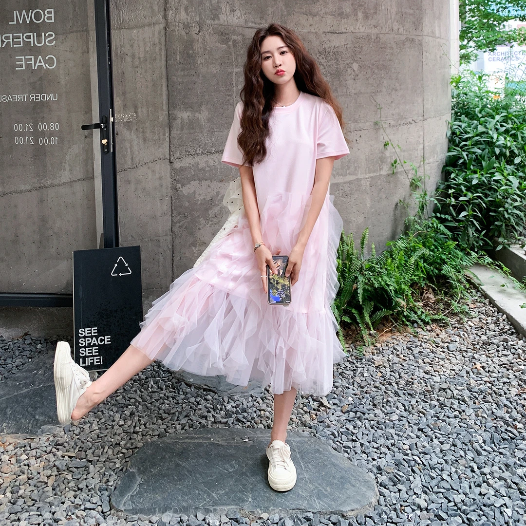 漂亮独特网纱拼接T恤连衣裙女夏季2025新款公主甜美粉色网纱裙子