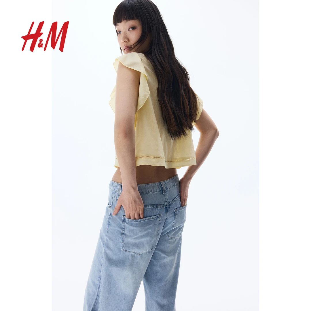 HM女装2025春季新款春游出行法式优雅圆领蕾丝飘动袖衬衫1272637